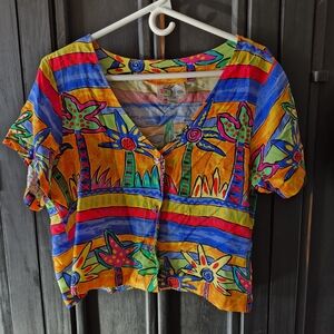 Colorful Tropical Print Crop Top - Button Front